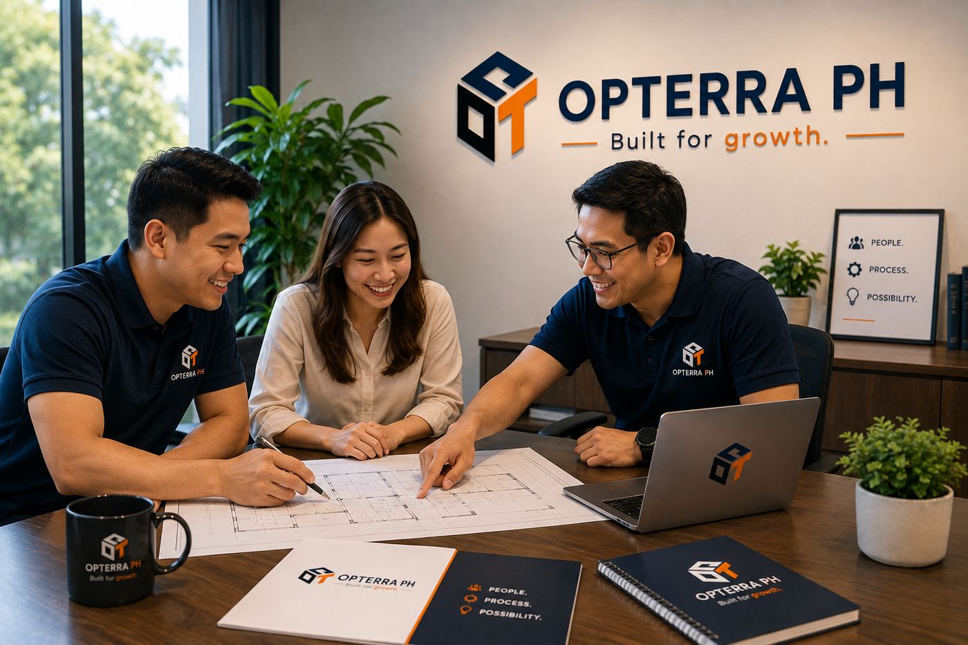 Opterra PH team reviewing a construction plan